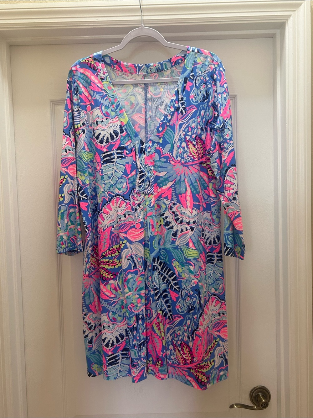 Lilly Pulitzer Amina Dress.  Blue, Pink & Green Floral V-Neck 3/4 Sleeve Dress